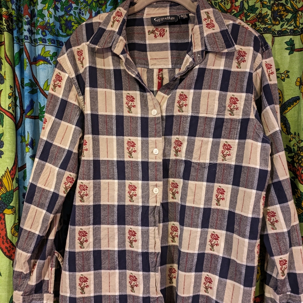 Rose Detail Plaid Button Up with Shoulderpads